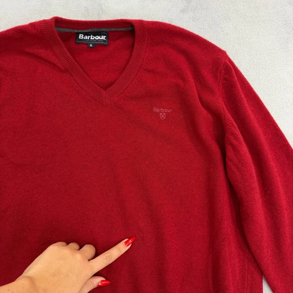 Barbour V-Neck Sweater Wool Mens Size XL Red Long Sleeve Embroidered Logo